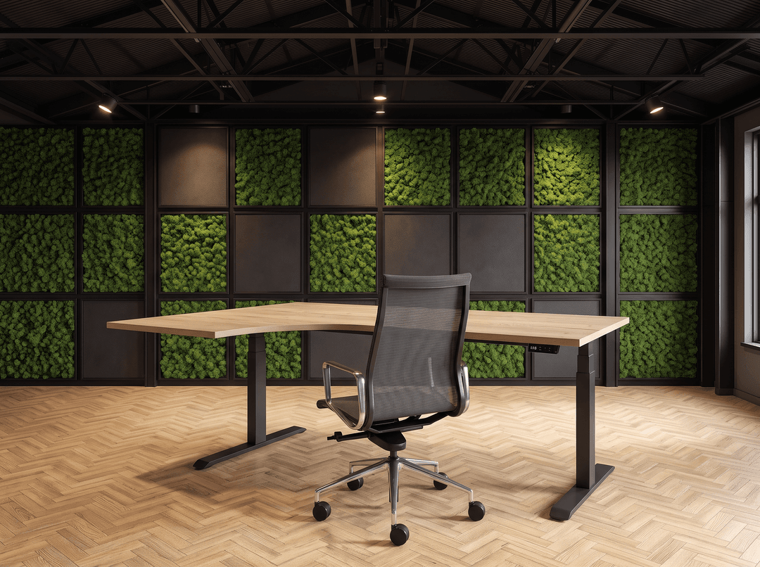 Elektrisch zit-sta Wingbureau 180x120cm (met ronde hoek) Zwart Natuur eiken Hoek links
