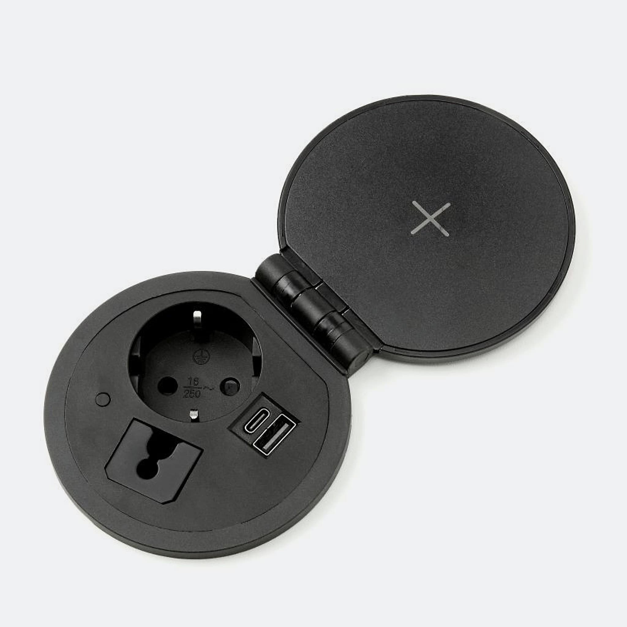Inbouw powerbox Ø8 cm met draadloze lader — Zwart