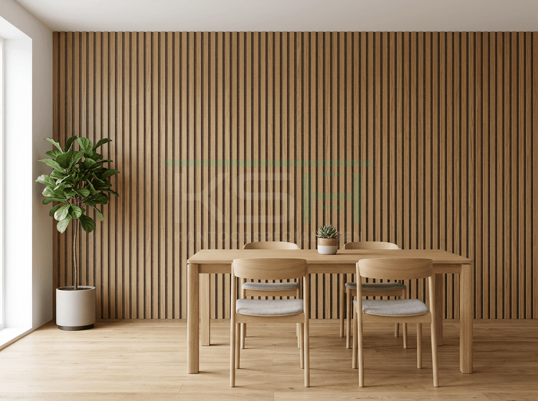 Akupanel Akoestisch Wandpaneel – Licht Walnoot op taupe vilt – 260x30 cm